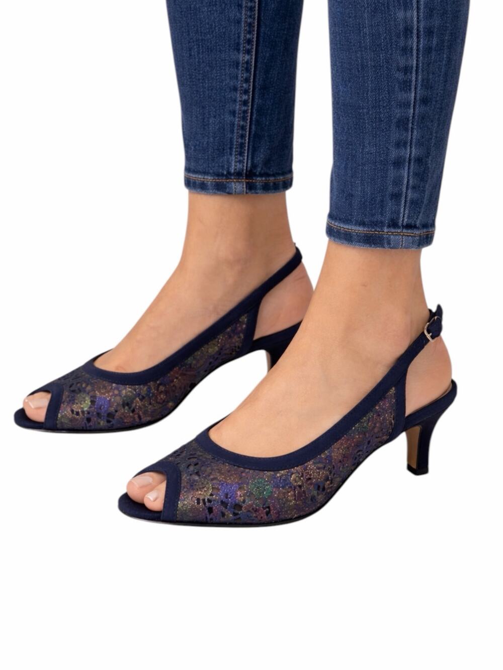Brunate Navy Multicolor Peep Toe Slingback Kitten Heel Leather Shoes Size 38